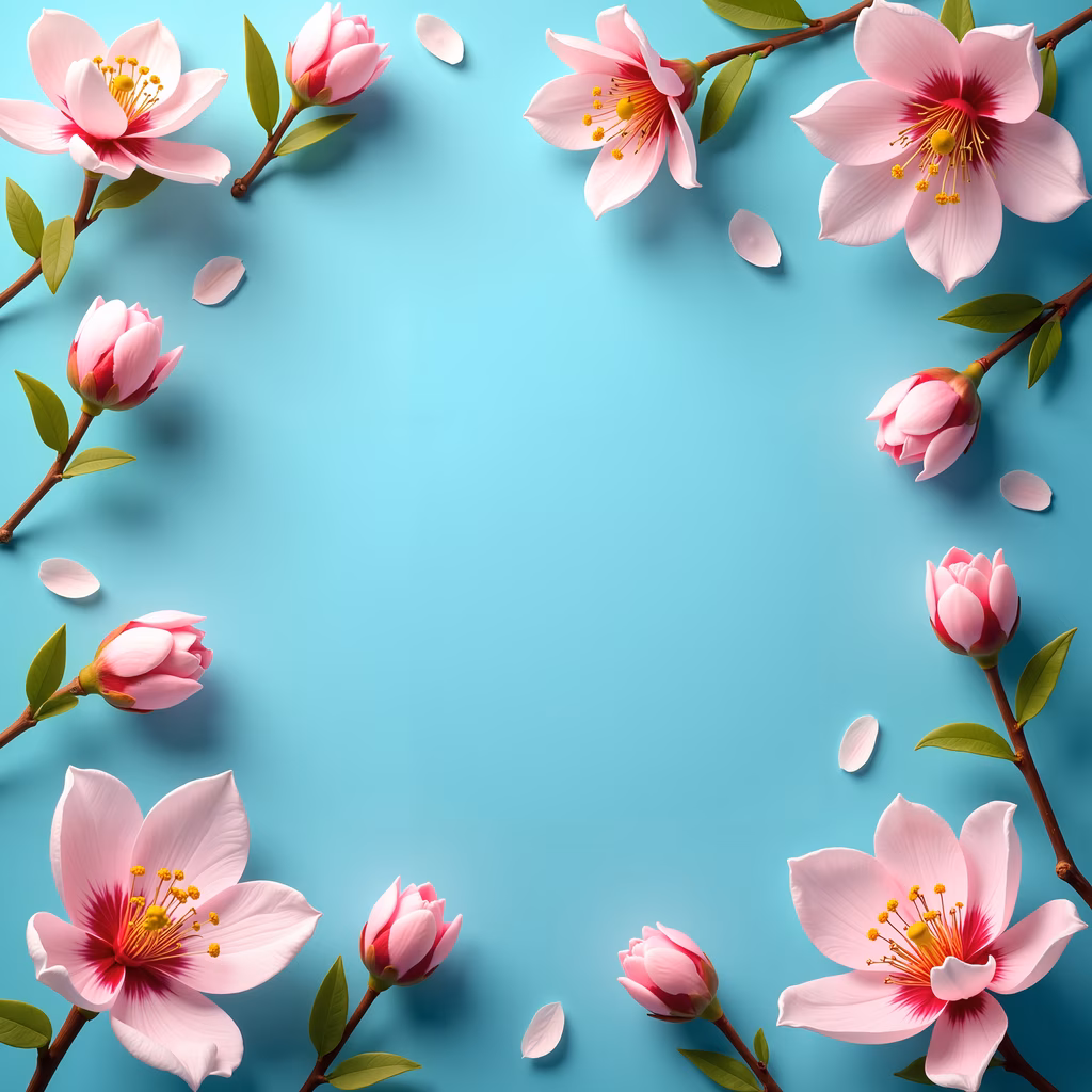 Symmetrical cherry blossom illustration with soft pastel blue background and delicate pink hues.