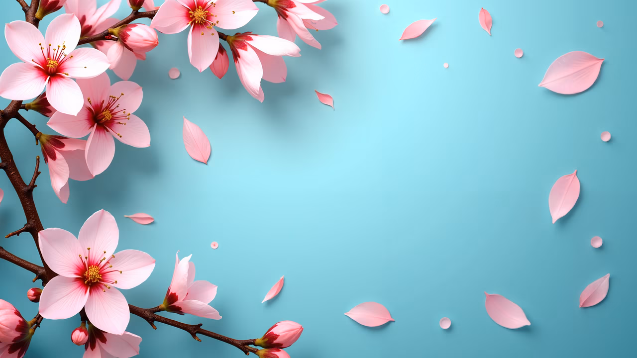 Delicate cherry blossoms on a serene light blue background, capturing the ephemeral beauty of spring.