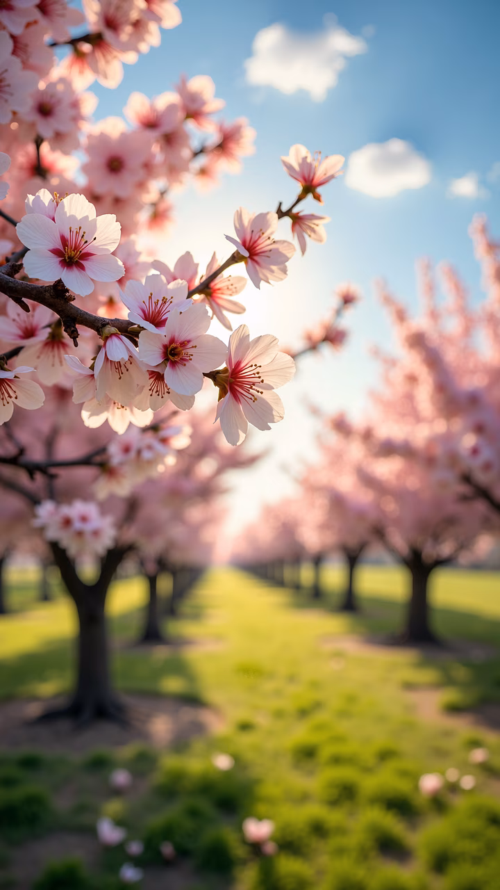 Delicate cherry blossoms in full bloom, serene nature scene