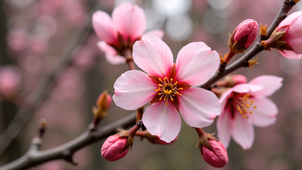 Delicate cherry blossoms in full bloom, soft pink petals, vibrant yellow stamens, serene atmosphere