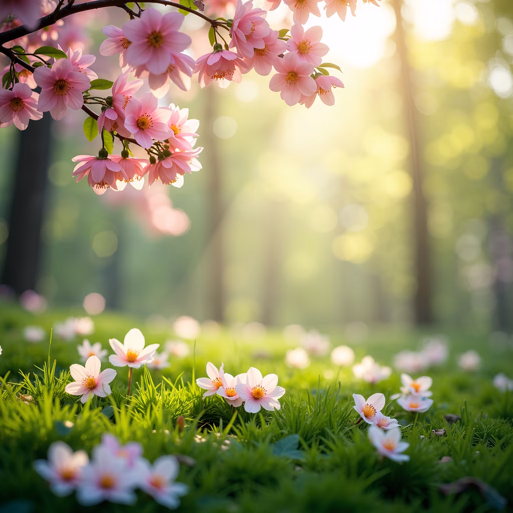 Delicate cherry blossoms in full bloom, vibrant pink hues, lush green grass, soft sunlight, serene spring scene