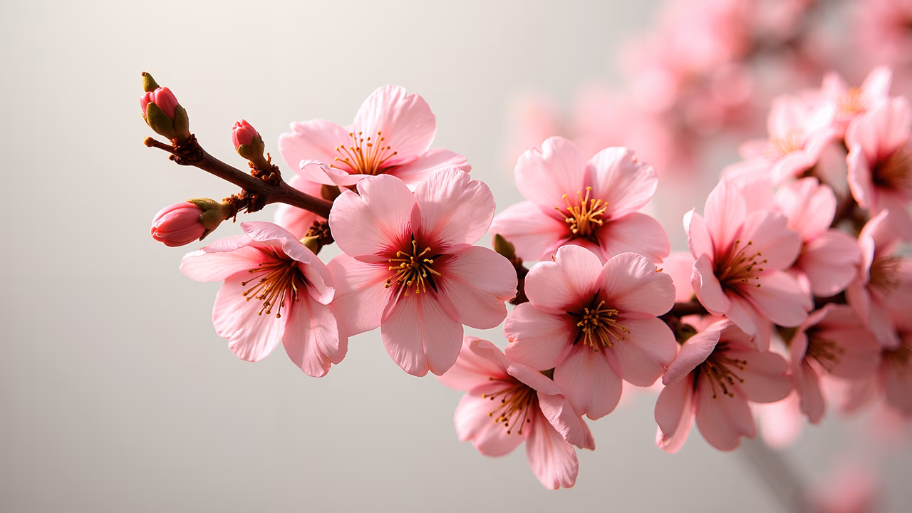 Delicate cherry blossoms in full bloom, soft pink petals, intricate stamens, natural elegance, tranquility of spring