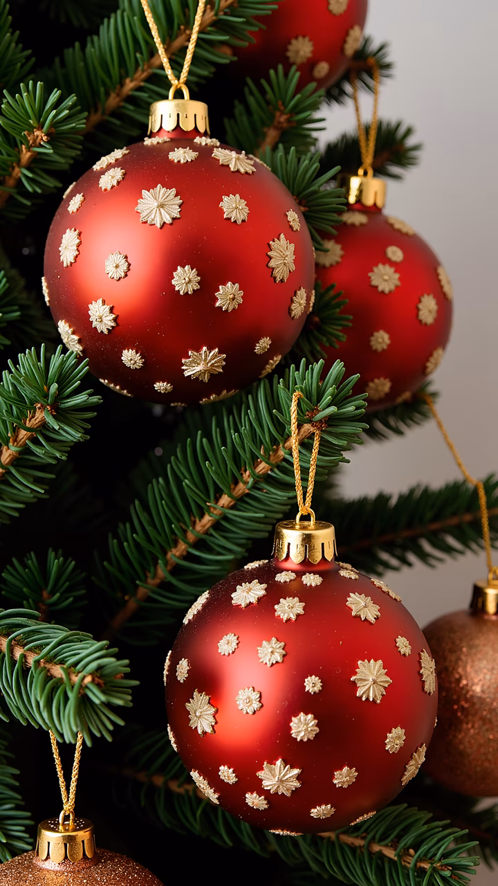 Close-up of red Christmas ornaments with gold star decorations hanging from pine branches, perfect for holiday decor.