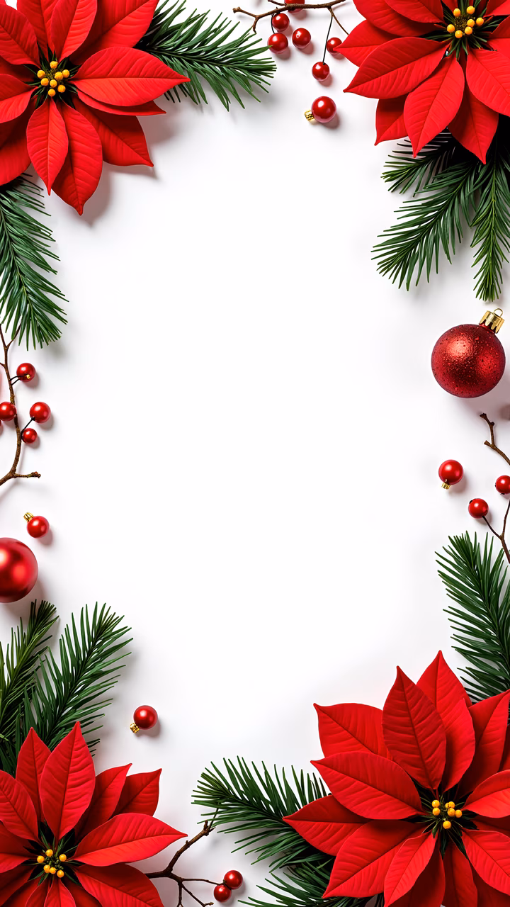 Vibrant red poinsettias and pine branches create a festive Christmas floral frame on a white background.