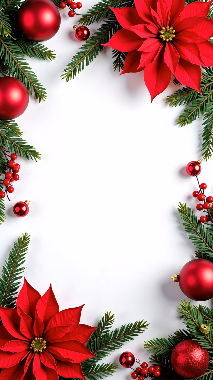Symmetrical Christmas floral frame with red poinsettias and ornaments on white background