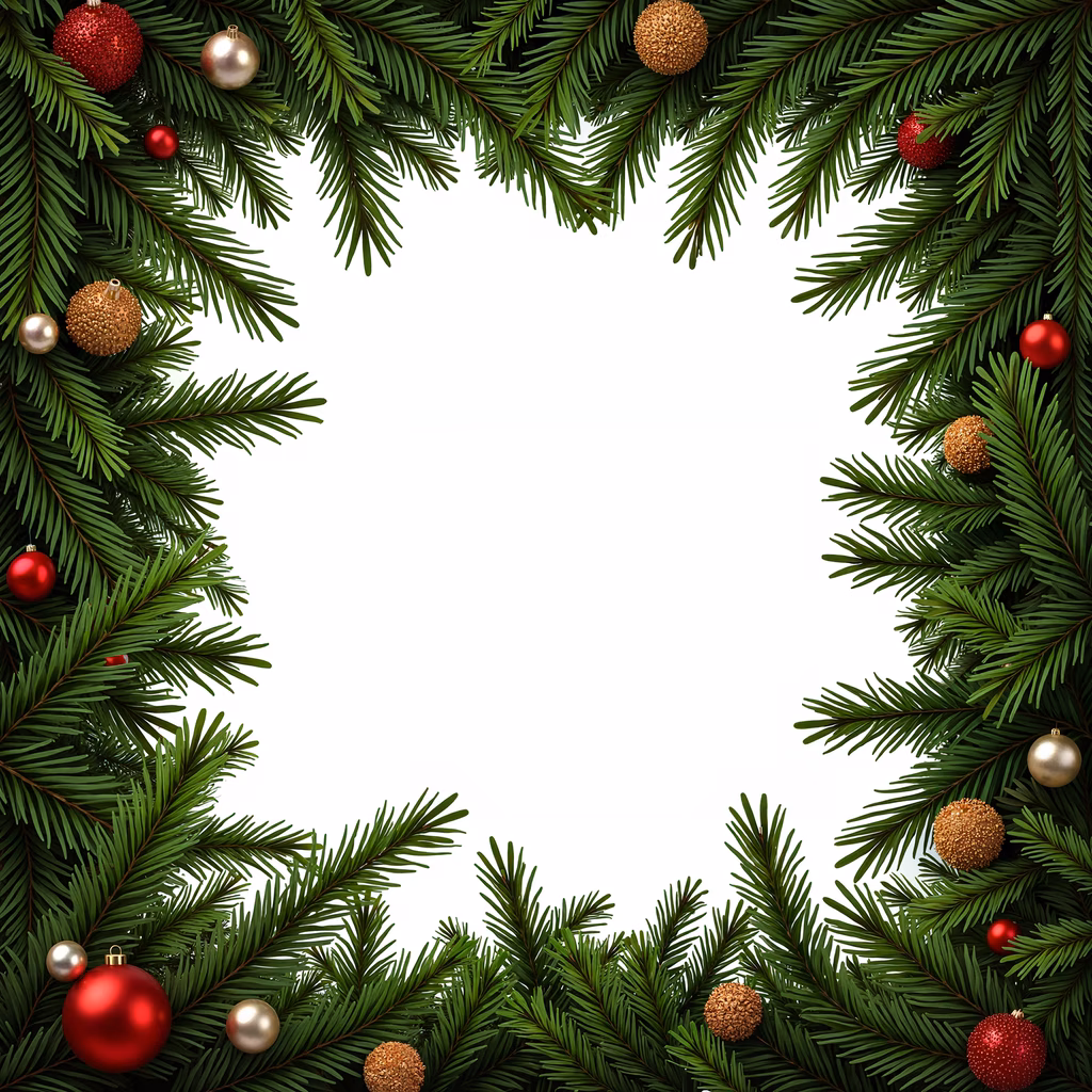 A Christmas frame made of pine branches and ornaments, perfect for holiday designs.