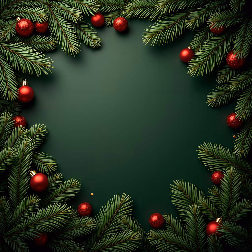 Festive Christmas frame with pine branches and red ornaments on a dark green background.