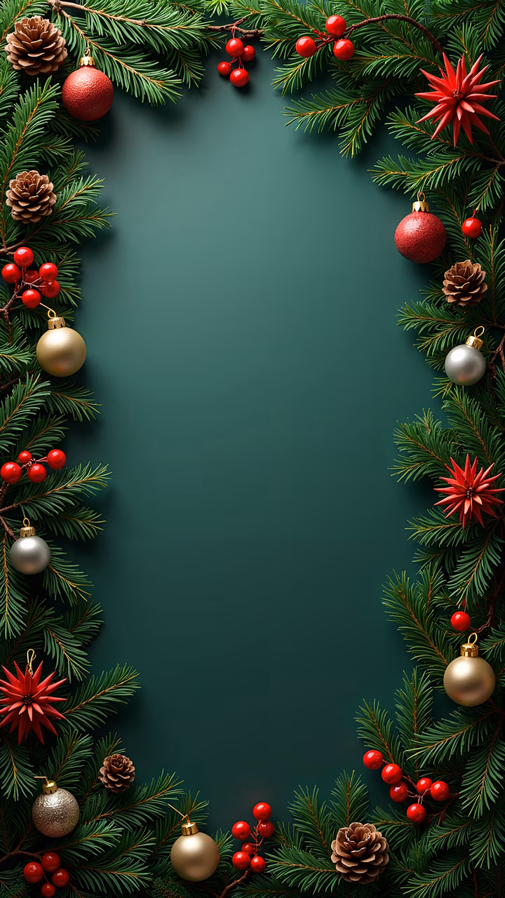 A Christmas-themed frame with pine branches, berries, and ornaments on a dark green background.