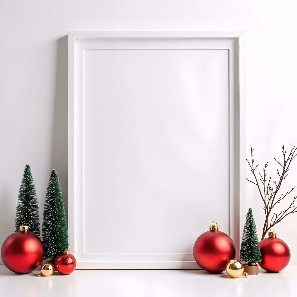 Minimalist Christmas frame mockup with red ornaments and small trees for holiday decor inspiration.