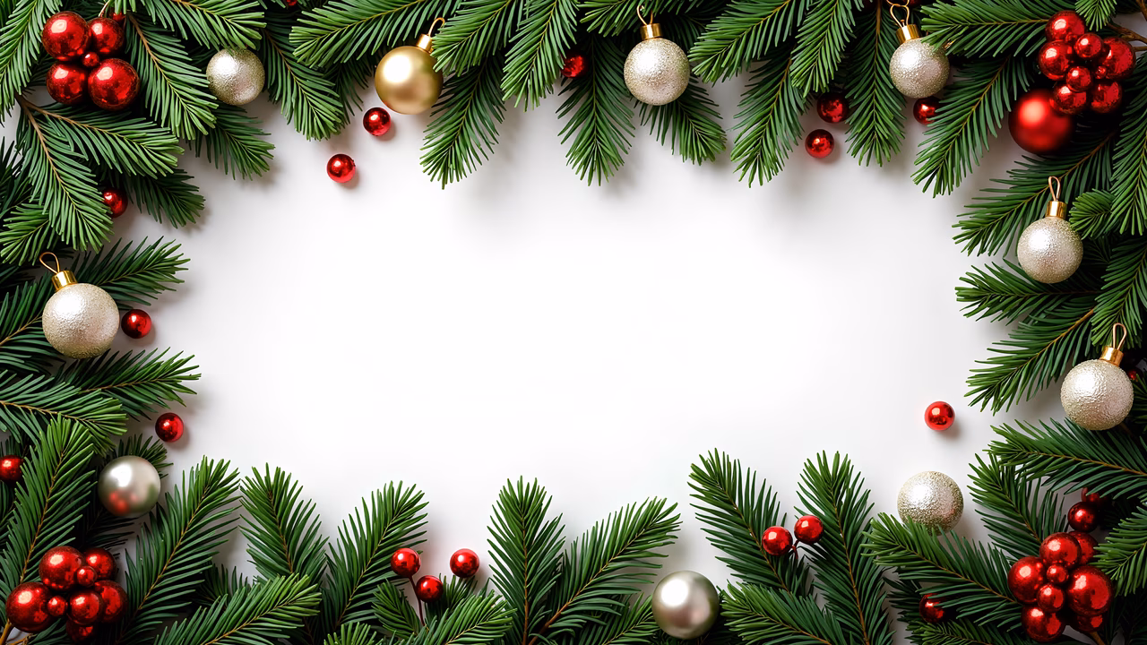 Symmetrical Christmas garland with pine branches and colorful ornaments for a festive holiday vibe.