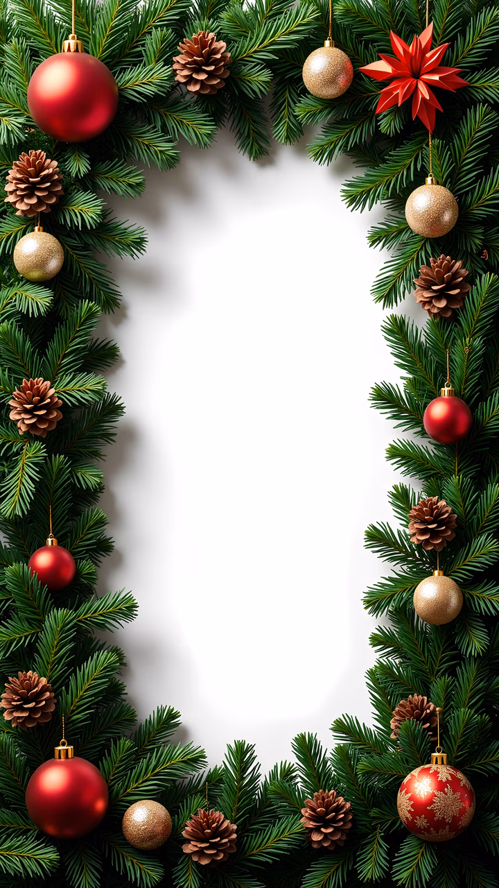 A festive Christmas garland with pine branches, ornaments, and pine cones in vibrant colors.