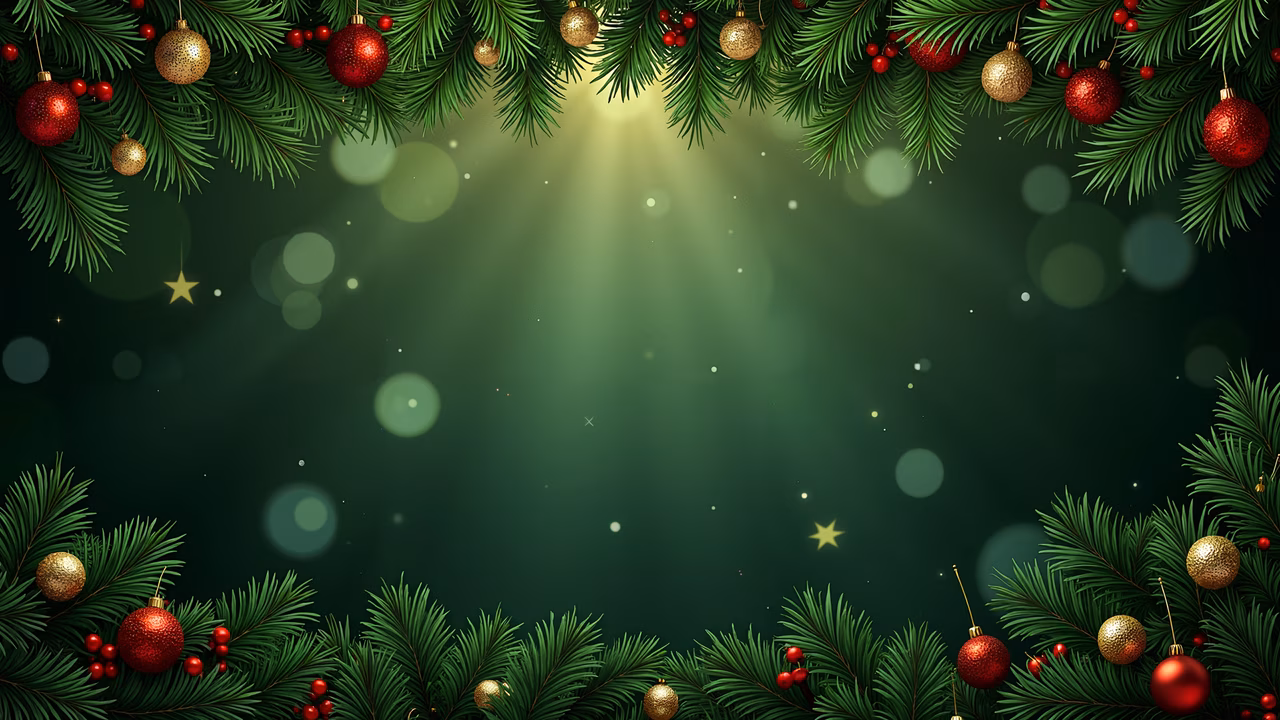 Festive Christmas garland with pine branches and ornaments on a dark green background, illuminated by warm light beams.