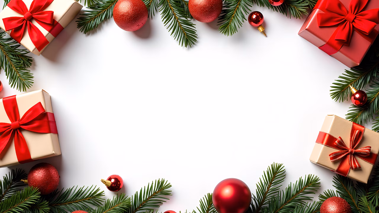 Christmas gifts, pine branches, red ornaments, white background, holiday celebration