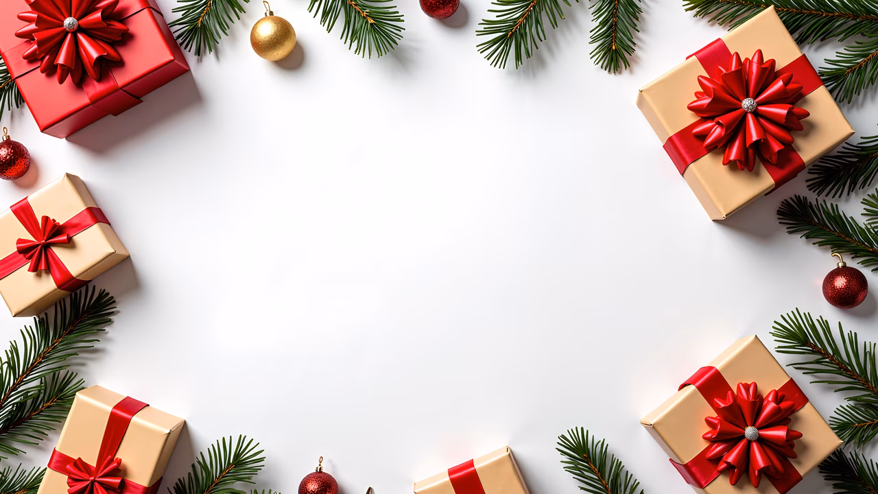 Festive Christmas gifts and decorations in gold and red, creating a warm holiday atmosphere.