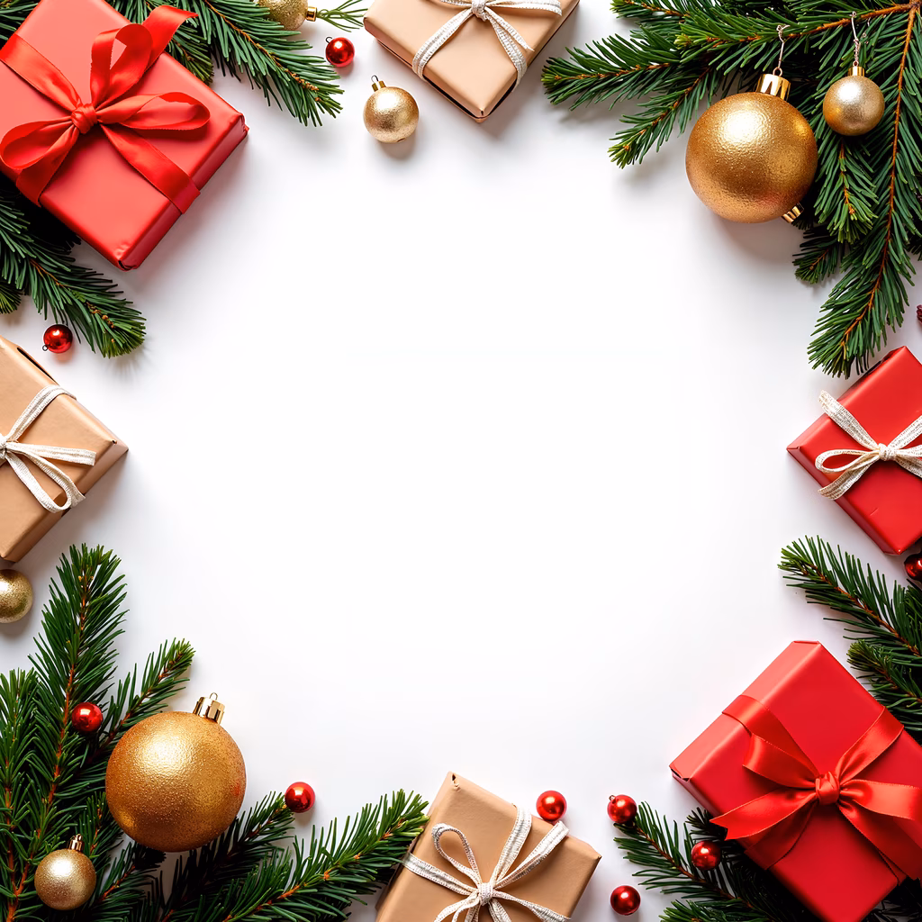 Christmas gifts and decorations, festive, holiday, red, brown, pine, ornaments, golden, ribbon, bow