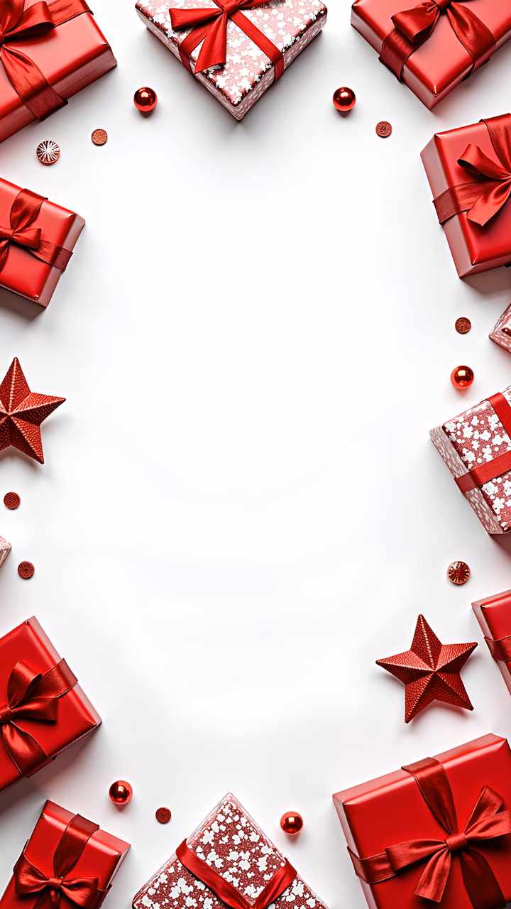 Red gift boxes with shiny ribbons and stars on a white background, perfect for holiday designs.