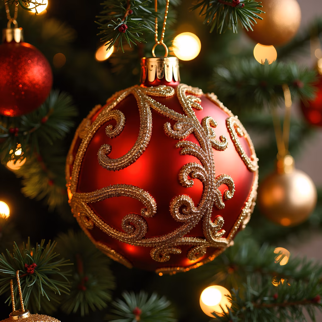 Close-up of a red Christmas ornament with intricate gold designs, hanging from a Christmas tree adorned with lights and other ornaments.