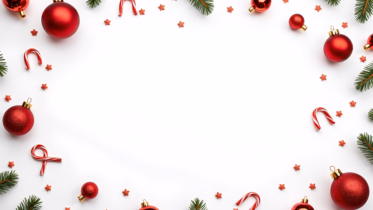 Red Christmas ornaments, candy canes, pine branches, and stars on a white background