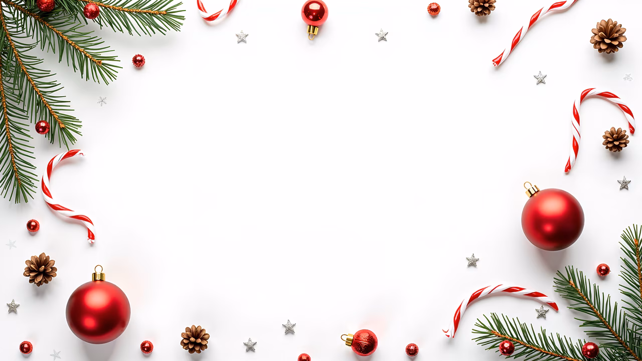 Symmetrical flat lay of Christmas ornaments on a white background, featuring red baubles and candy canes.