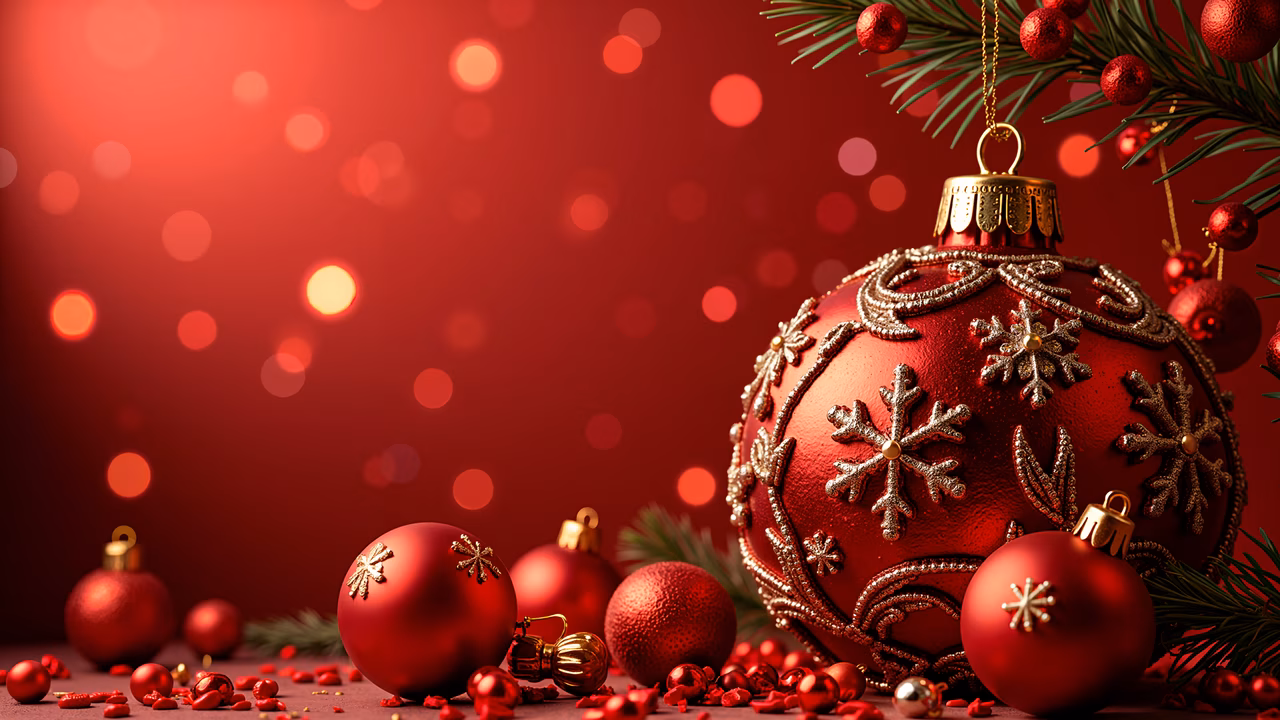 Red Christmas ornaments with gold snowflakes on a vibrant red background with bokeh lights.