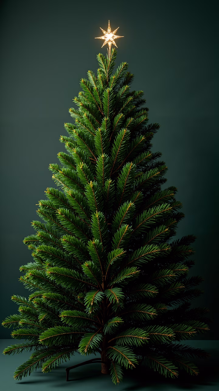 Realistic Christmas tree with lush green needles and golden star, festive holiday atmosphere.