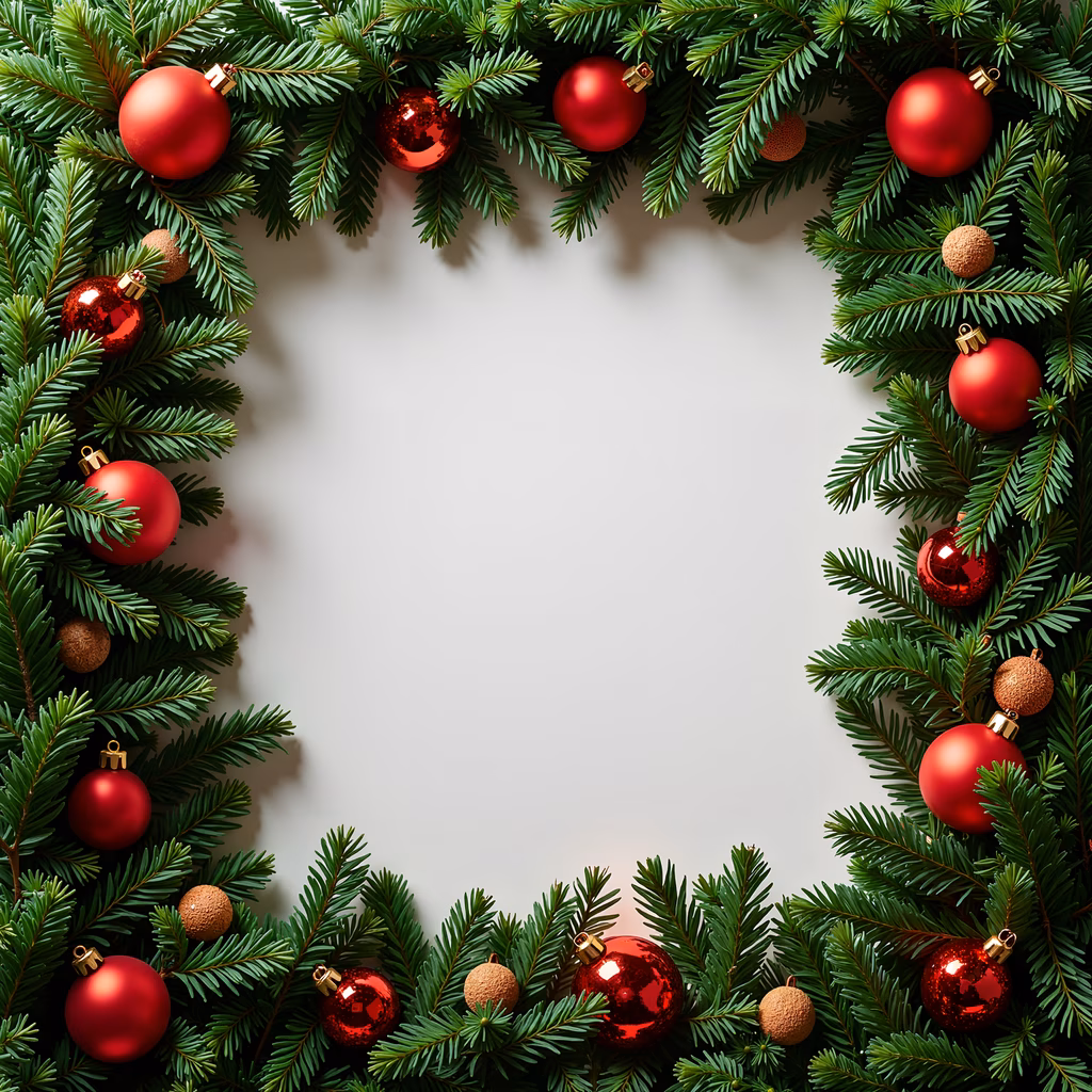 A Christmas wreath with red baubles and pine branches, perfect for holiday decor and celebrations.