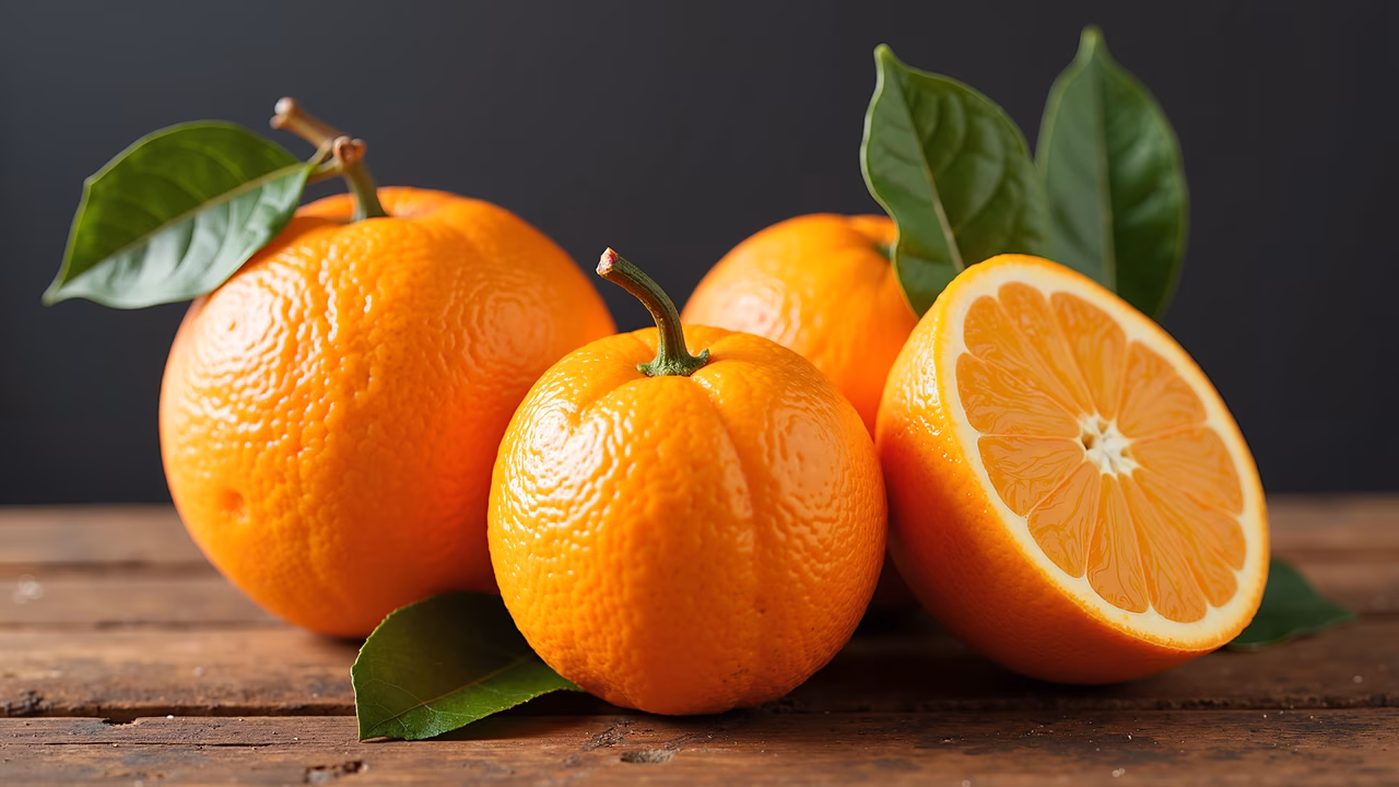 Vibrant citrus fruits on a dark wooden surface