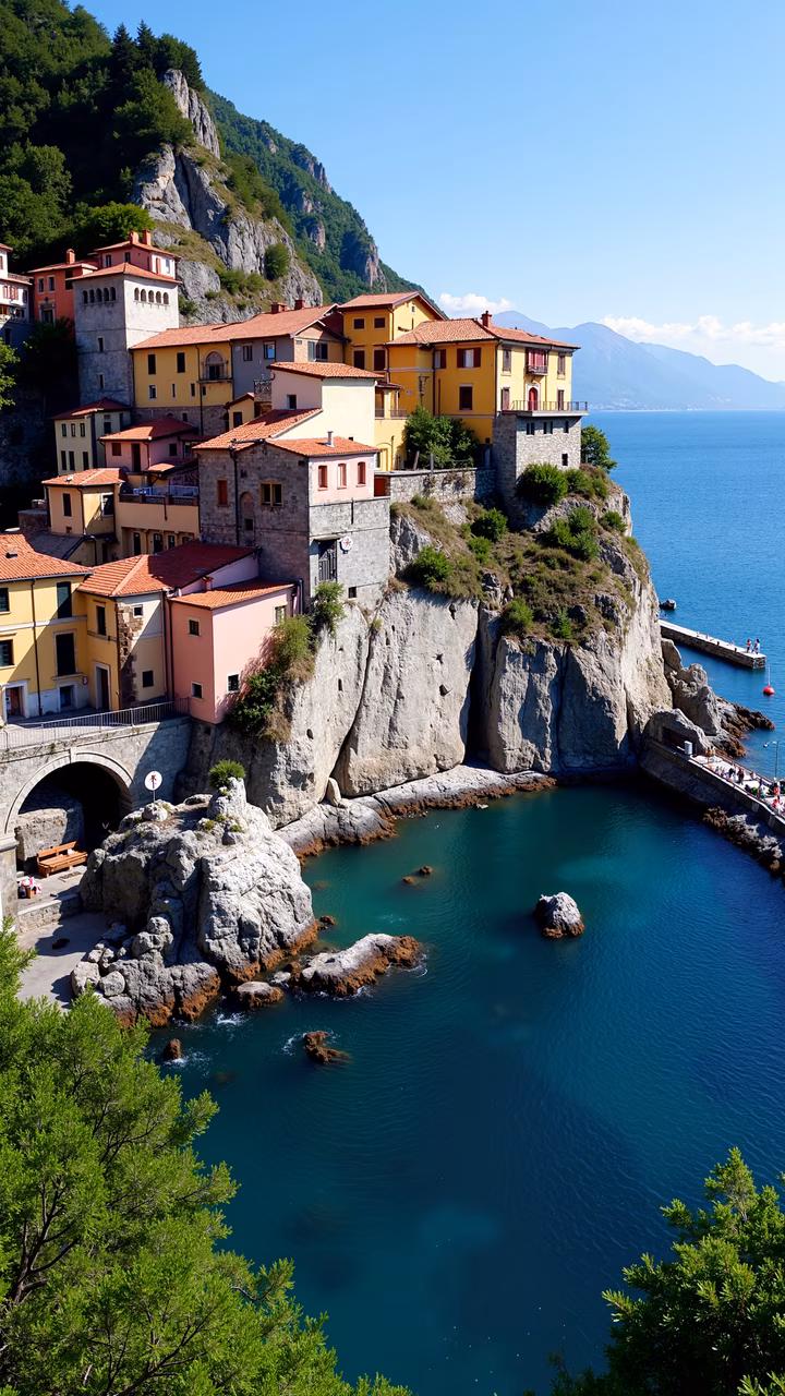A charming cliffside village with colorful houses and a tranquil sea view.