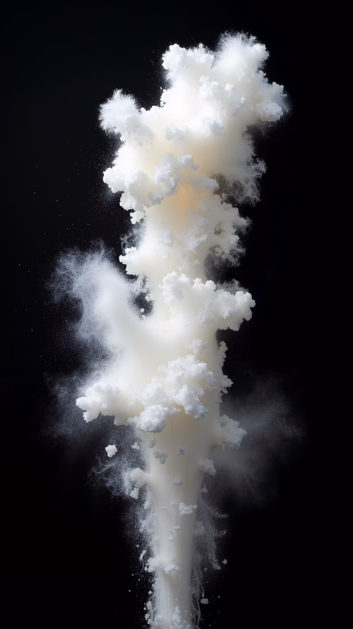 Dynamic cloud burst against a stark black background, creating an explosive and fluid visual effect.