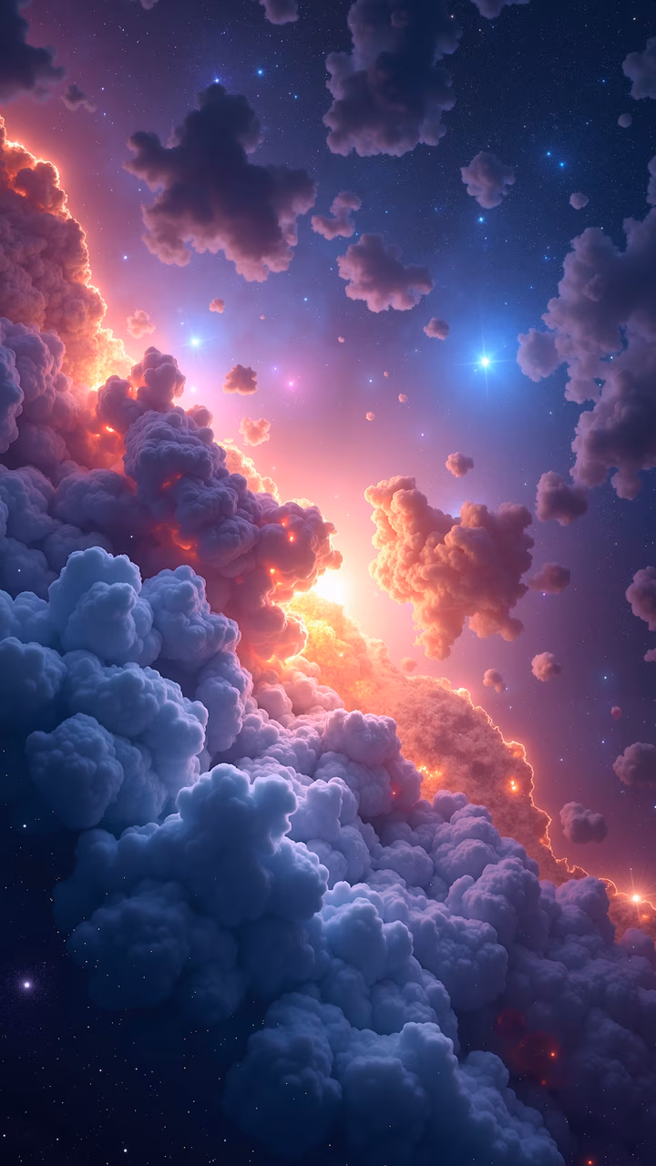 Vibrant clouds in a starlit sky, ethereal and dreamy