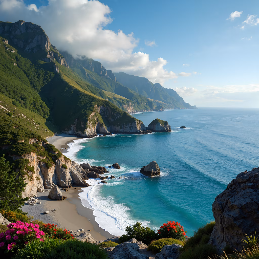 A stunning coastal landscape with lush cliffs, clear waters, and vibrant flowers.