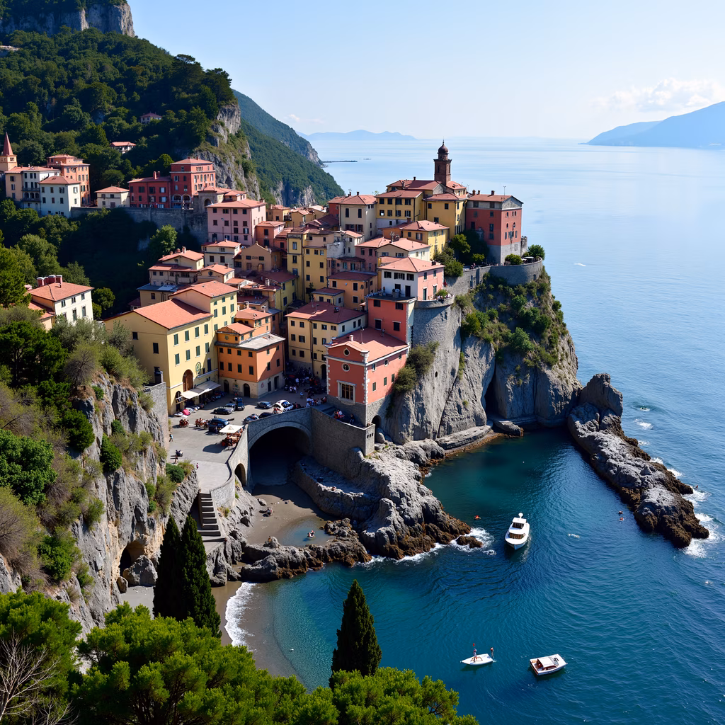 A charming coastal village with colorful buildings and a serene beach, captured in warm sunlight.
