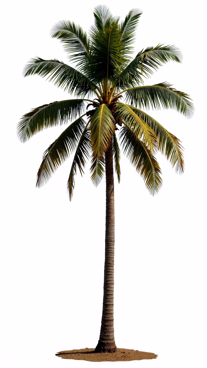 Tall coconut palm tree with lush green fronds and textured trunk, set against a plain white background.