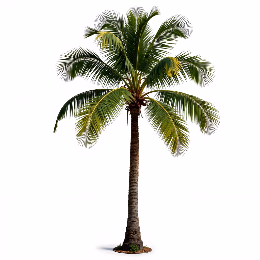 A detailed illustration of a coconut palm tree with vibrant green fronds and a textured trunk, set against a plain white background.
