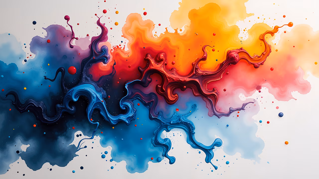 Vibrant abstract illustration with swirling patterns of blue, red, and orange hues, dynamic and energetic composition.