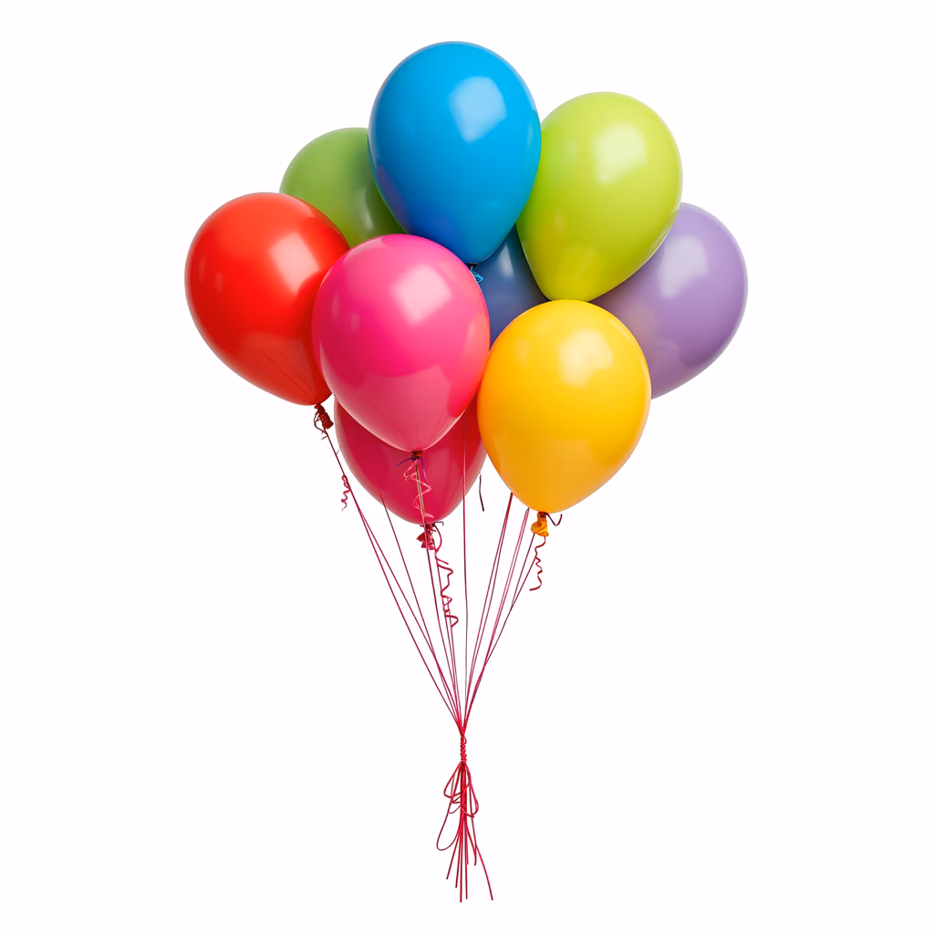 Brightly colored balloons tied together for celebration events.