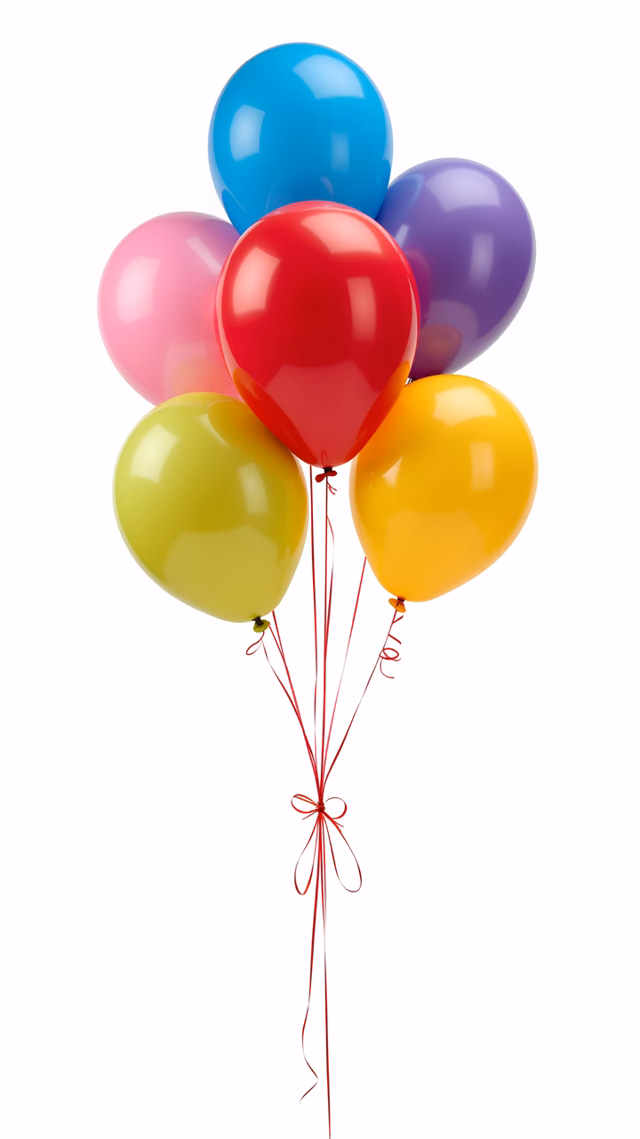 Brightly colored balloons tied with a red ribbon, celebrating joy and festivity.