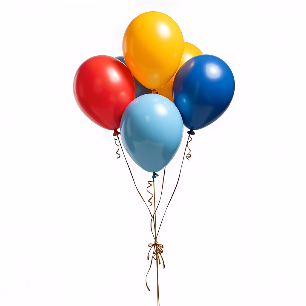 Vibrant balloons in red, yellow, blue, and light blue hues tied with golden ribbons, celebrating joy and festivity.