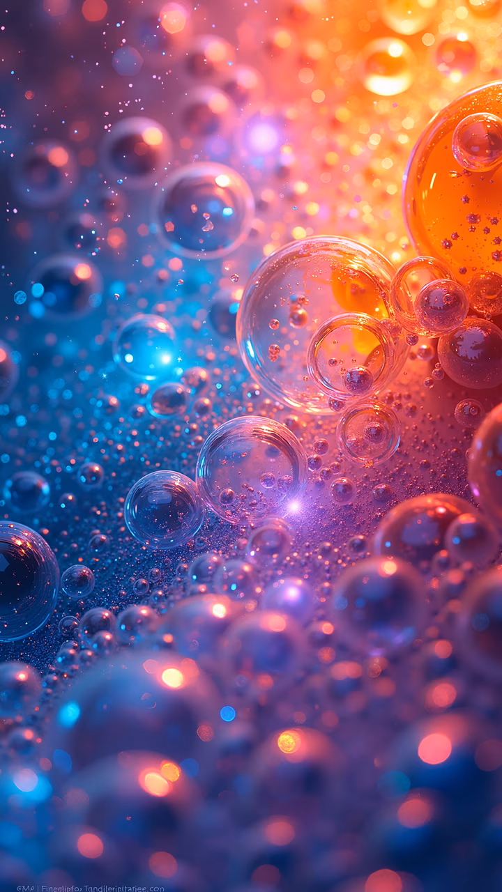 Vibrant bubbles in shades of blue, purple, and orange create a dynamic and lively abstract illustration.
