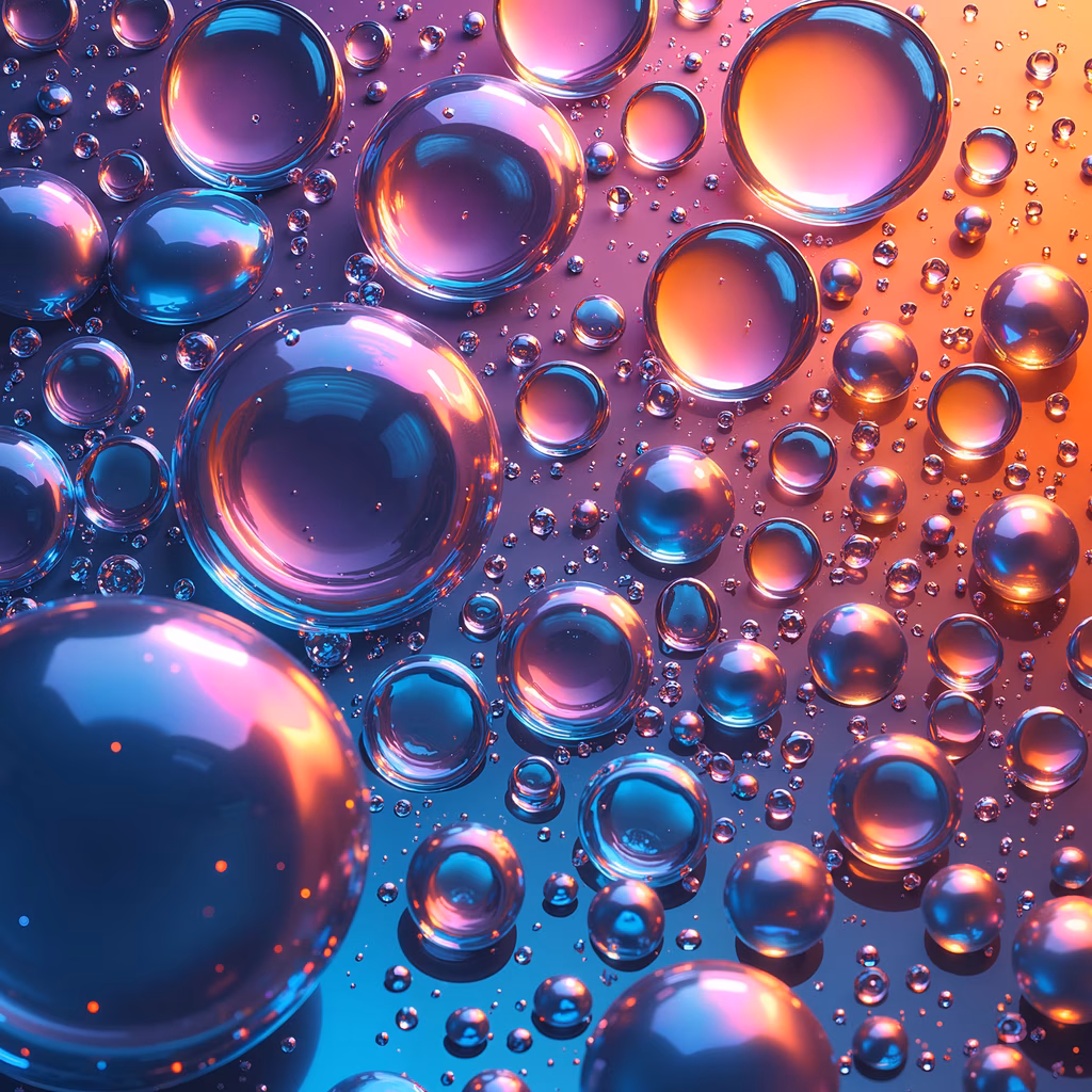 Vibrant bubbles in shades of blue and orange, abstract art, whimsical, dreamlike, colorful