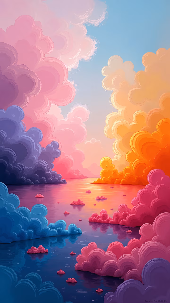 Vibrant, surreal landscape with colorful clouds reflecting on water, whimsical and enchanting.