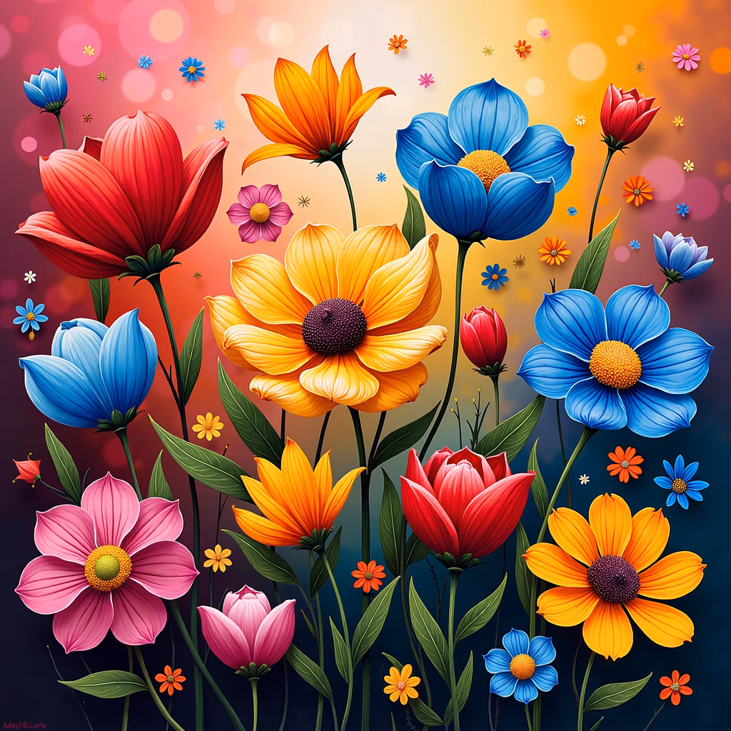 Vibrant floral illustration with colorful blooms and gradient background