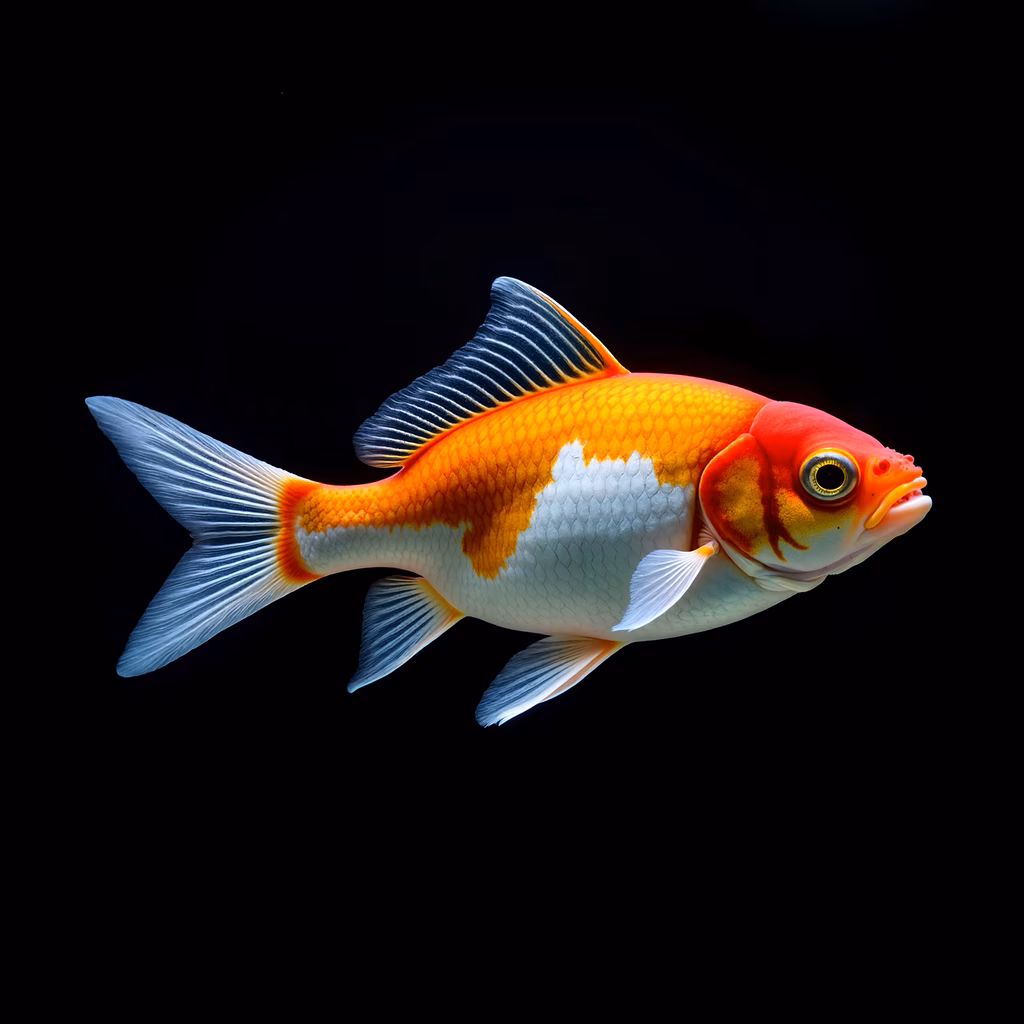 Vibrant goldfish illustration with striking colors and detailed fins on a black background.