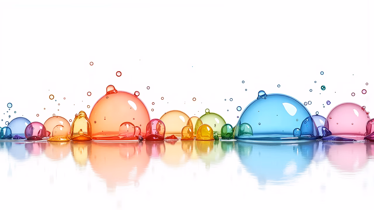 Vibrant, translucent liquid drops in an abstract arrangement, featuring movement and fluidity.