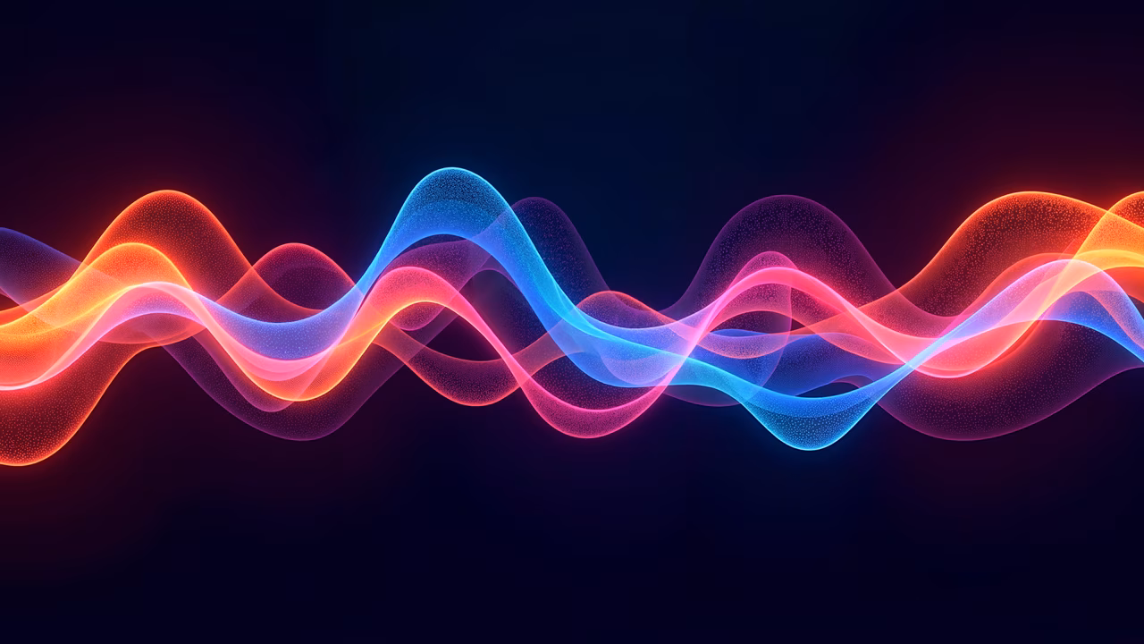 Vibrant, undulating waves in shades of red, blue, and purple on a dark background.