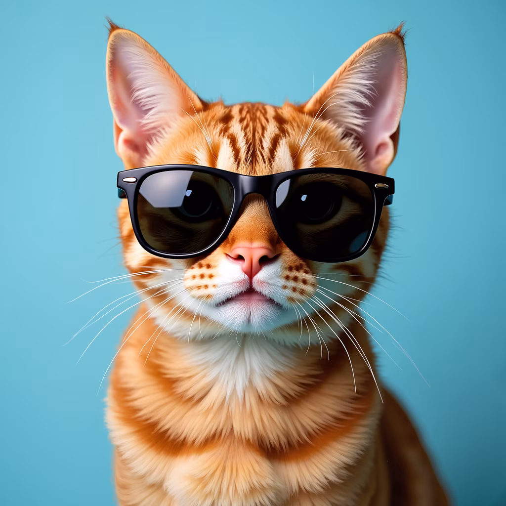 Close-up of an orange tabby cat wearing sunglasses on a turquoise background.