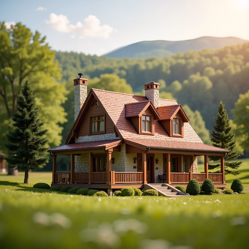 A picturesque country cottage surrounded by nature, featuring a red-tiled roof and wooden porches, set against a backdrop of greenery and soft sunlight.