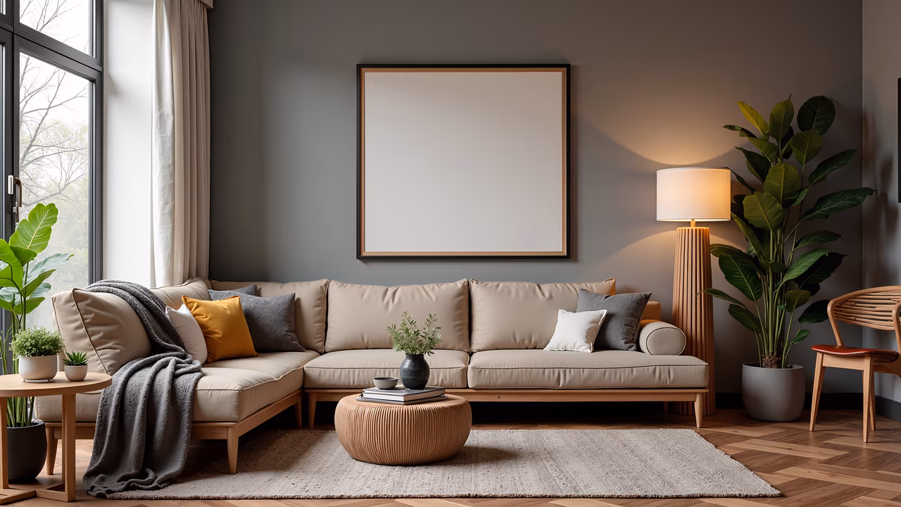 Comfortable sectional sofa, wooden coffee table, green plants, natural light, cozy living room interior