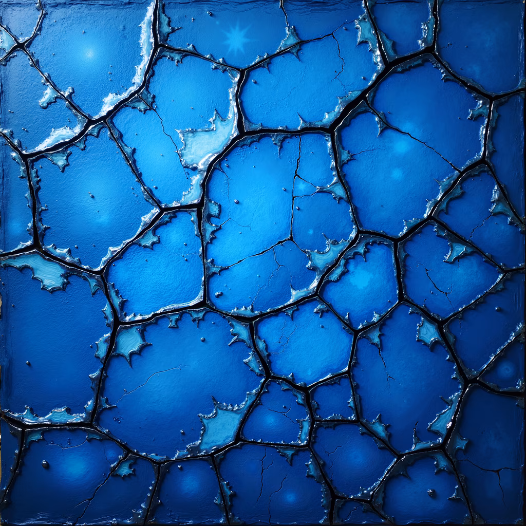 Abstract illustration of a cracked blue surface with intricate patterns and textures.