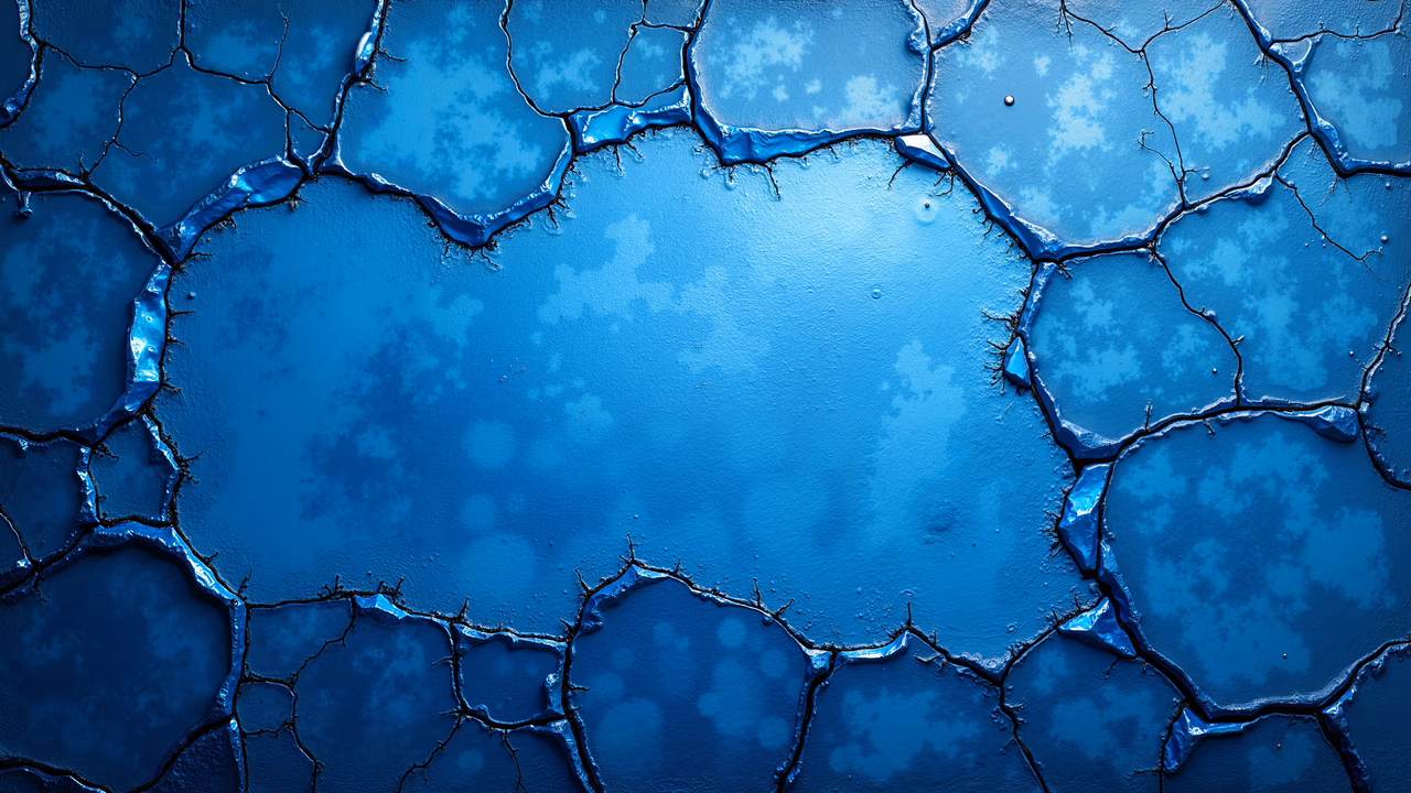 A vivid blue illustration of cracked earth, symbolizing resilience and division.